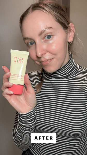 Allure beauty director Sarah Kinonen after applying the Peach Lilys Beam Blocker Invisible Sunscreen